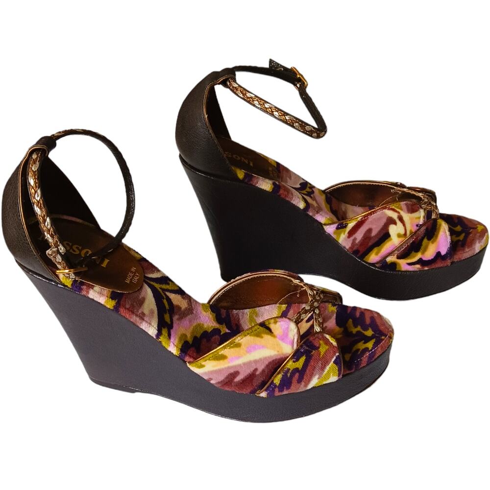 MISSONI Colorful Velvet Heel Sandal 35 High Wedge Ankle Straps Purple Green Gold